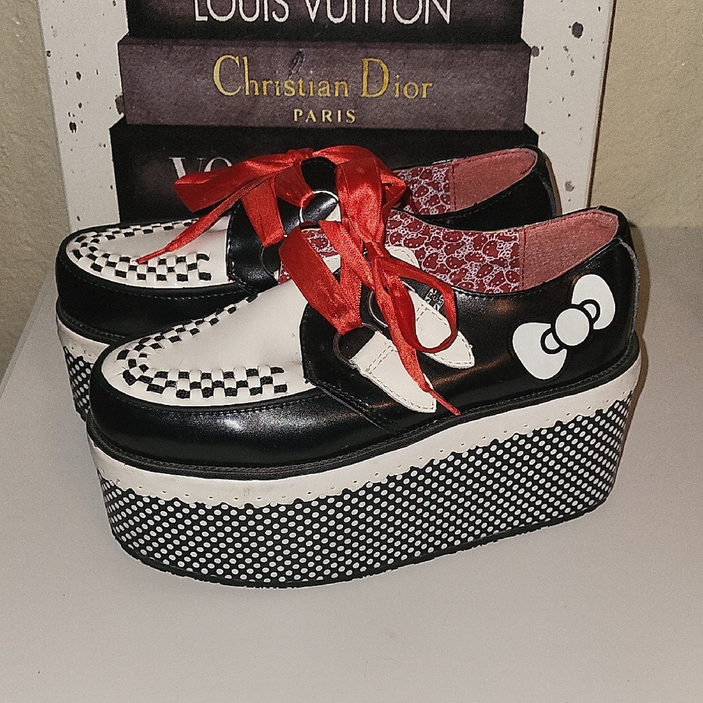 T.U.K X Hello Kitty Black and White Platform Shoes with Red Silk Laces - Picture 1 of 10